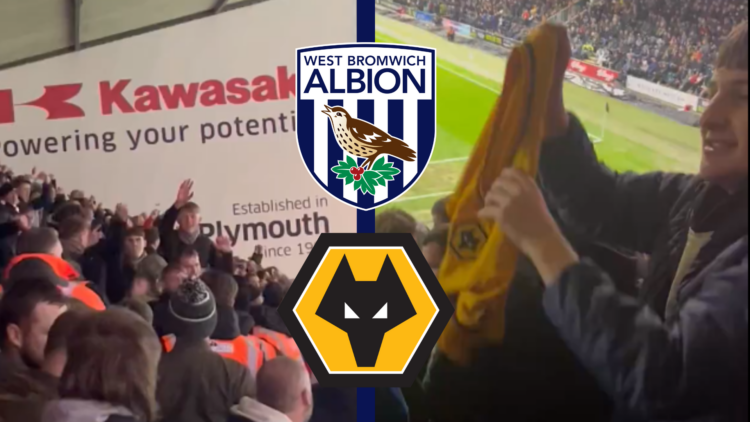 Plymouth fan waving Wolves shirt at West Brom fans.