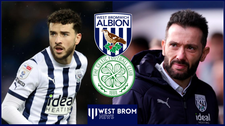 Carlos Corberan and Mikey Johnston with West Brom and Celtic badges