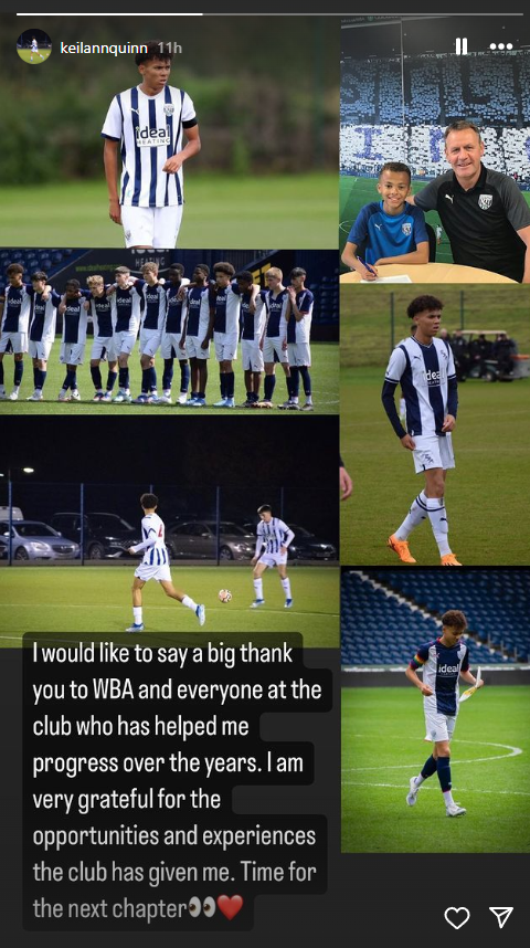 Keilan Quin confirms West Brom exit on Instagram