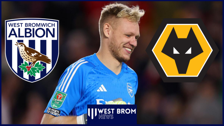 Arsenal goalkeeper Aaron Ramsdale with West Brom and Wolves badges