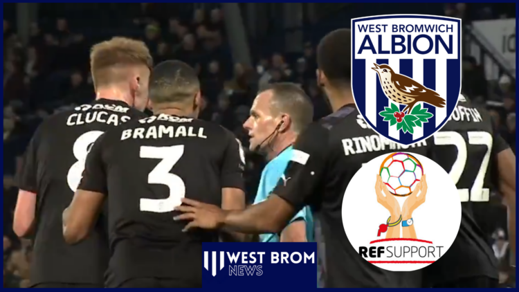 Rotherham players surround referee over West Brom controversy.