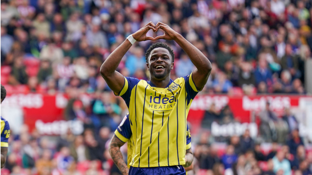 West Brom striker Josh Maja celebrates a goal.