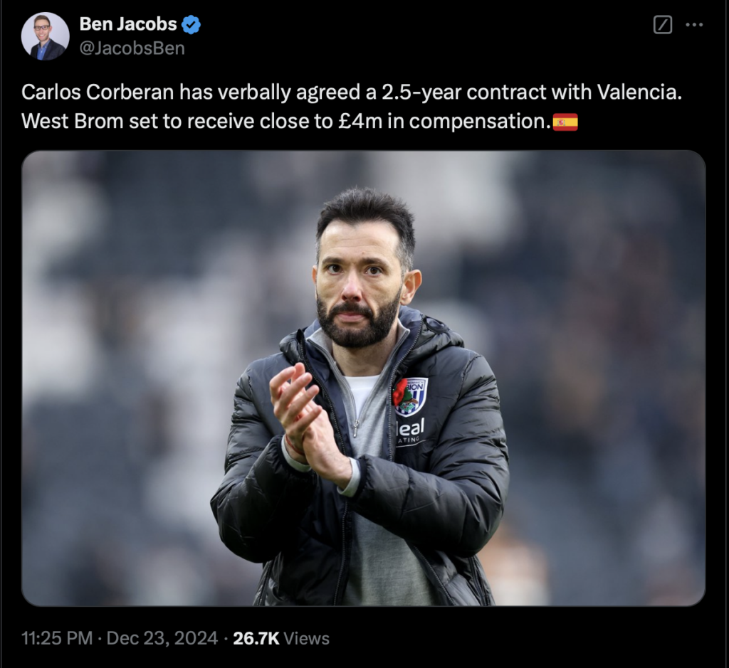 Carlos Corberán West Brom compensation