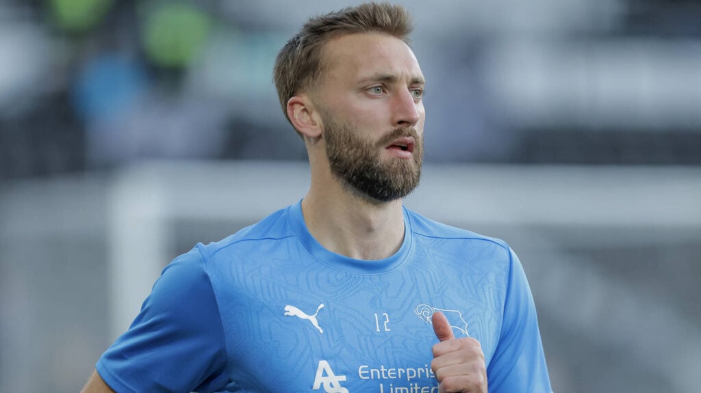 West Brom defender Nat Phillips warming up while he was at Derby County.