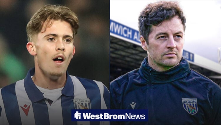 Isaac Price in action for West Brom, Ryan Mason looks off into the distance.