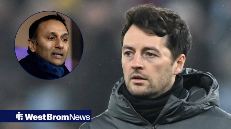 West Brom manager Ryan Mason looking to his right, Shilen Patel in a circular inset.
