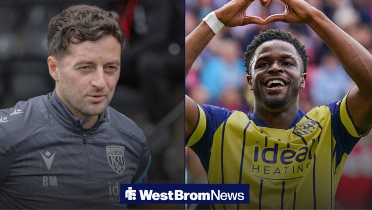 West Brom manager Ryan Mason smiles as Josh Maja celebrates.