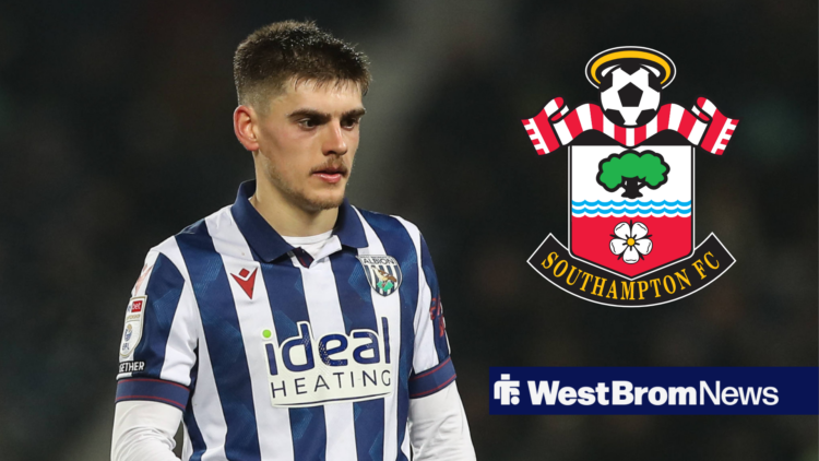 Tom Fellows in action for West Brom, with a Southampton badge alongside him