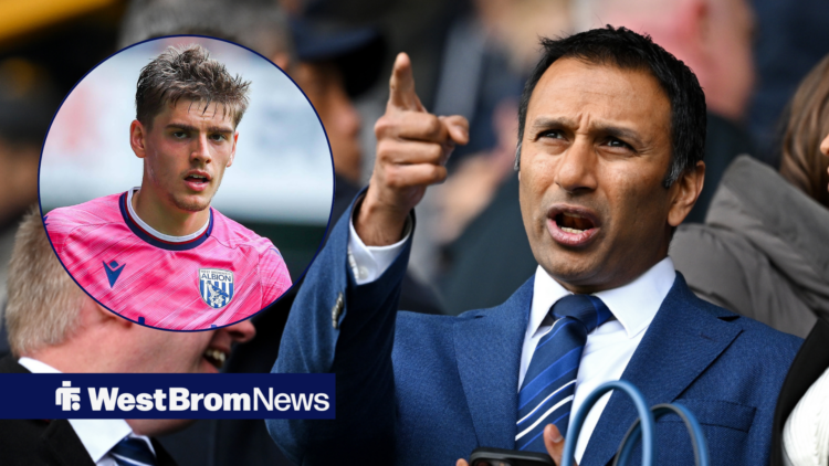 West Brom chairman Shilen Patel points, looking a bit annoyed. Tom Fellows is in a circle.