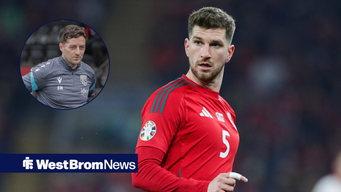 Chris Mepham in action for Wales, with Ryan Mason in the circular inert