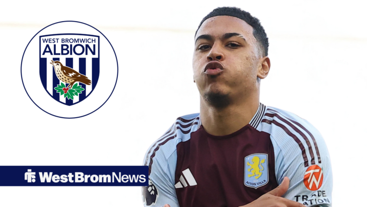 Morgan Rogers celebrating for Aston Villa next to a West Brom badge