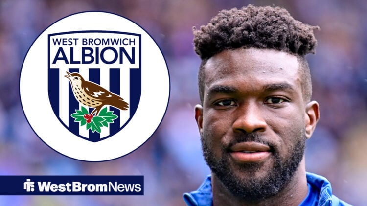 West Brom striker Daryl Dike smiles next to the West Brom badge.