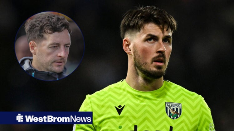 West Brom goalkeeper Joe Wildsmith glances concernedly at manager Ryan Mason.