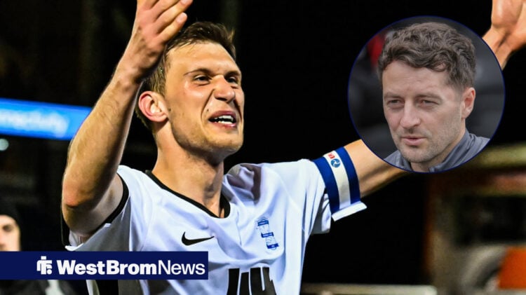 Birmingham City defender Krystian Bielik celebrates as West Brom manager Ryan Mason watches on.