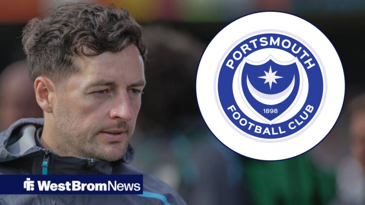 West Brom manager Ryan Mason in a jacket, next to the Portsmouth badge in a circular inset.