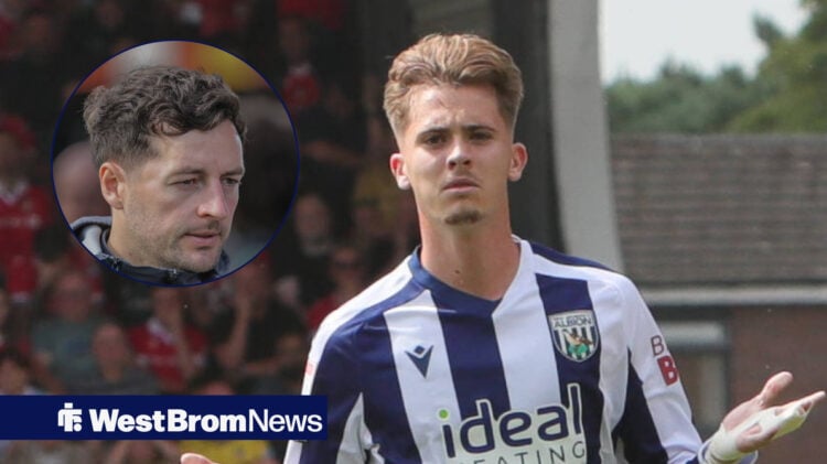 West Brom midfielder Isaac Price celebrates scoring, with Ryan Mason in a circular frame inset