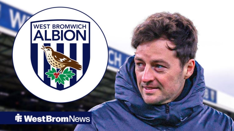 West Brom coach Ryan Mason and West Brom badge in circular inset