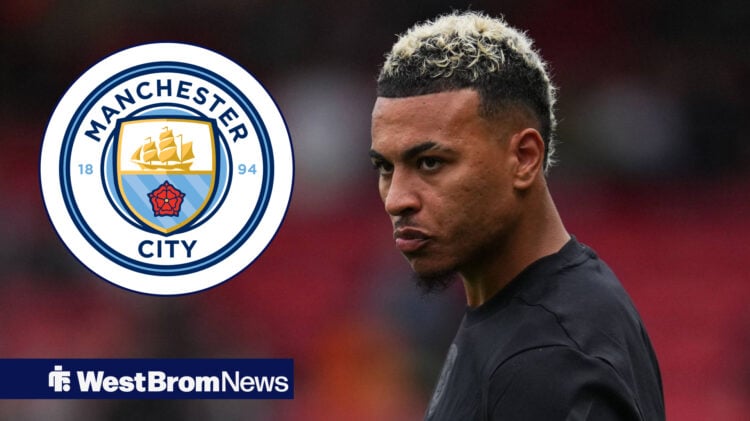 Ex-West Brom academy starlet Morgan Rogers stares angrily at the Manchester City badge.