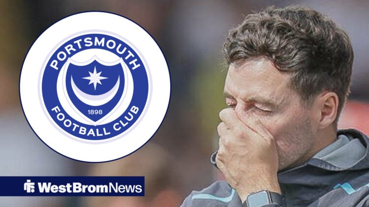 Portsmouth badge in a circular inset, West Brom manager Ryan Mason covering his face.