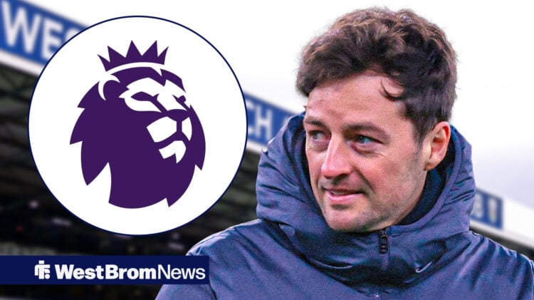 West Brom manager Ryan Mason looking pleased with Premier League logo circular inset
