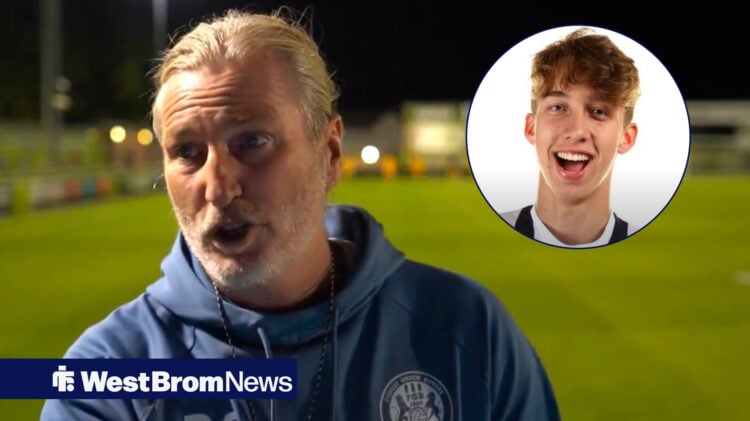 Forest Green manager Robbie Savage speaks as West Brom loanee Harry Whitwell smiles in a circular inset.