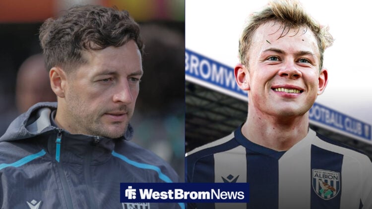 West Brom manager Ryan Mason glances at striker Aune Heggebo.