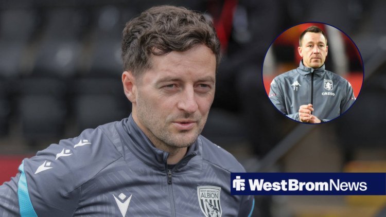 West Brom manager Ryan Mason smiles across at former Aston Villa coach John Terry, who features in a circular inset.
