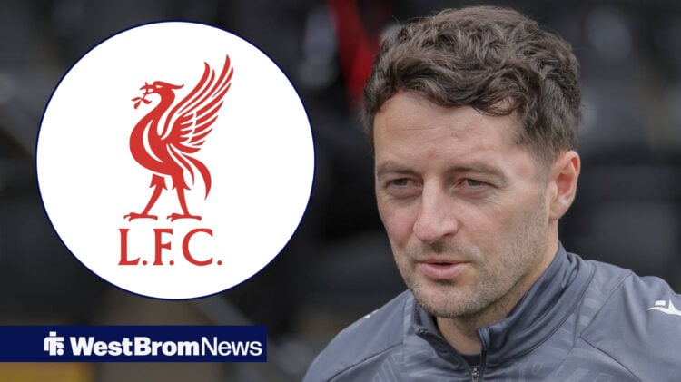 West Brom manager Ryan Mason looking pleased with a Liverpool badge insert