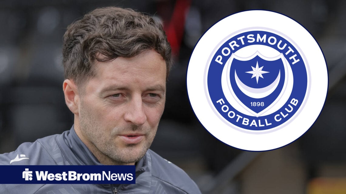 Ryan Mason in West Brom gear next to Portsmouth badge in circle