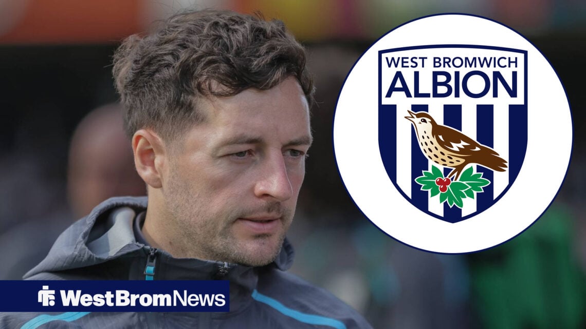Ryan Mason looks on, with West Brom badge in circular frame