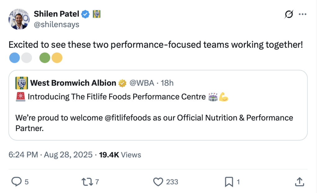 A screenshot of West Brom chairman Shilen Patel's X post regarding a new nutrition and performance partner.