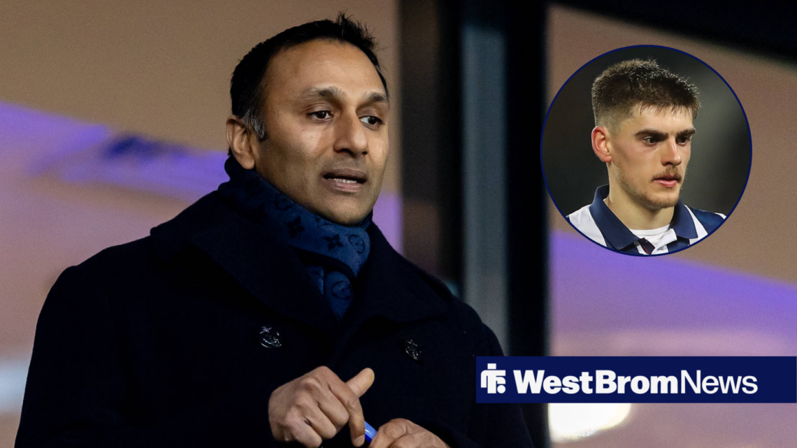 West Brom chairman Shilen Patel shares concernedly at Tom Fellows who features in a circular inset.