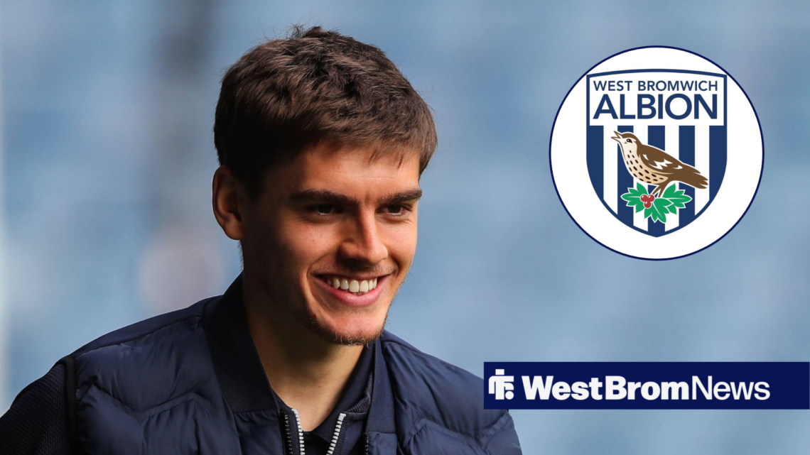 An image of Tom Fellows at the Hawthorns, next to a circular inset of the West Bromwich Albion badge