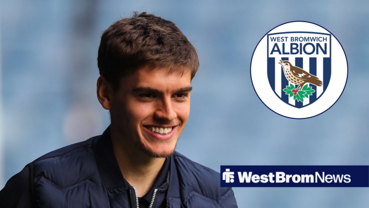 An image of Tom Fellows at the Hawthorns, next to a circular inset of the West Bromwich Albion badge
