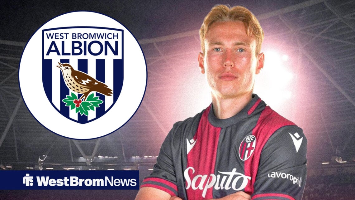 Torbjorn Heggem stands with his arms folded in a Bologna shirt, with the West Brom badge in a circular inset.