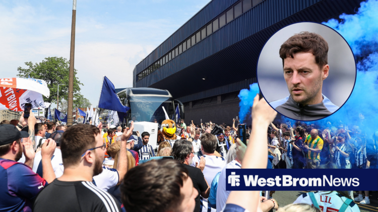 West Brom fans welcome team bus and Ryan Mason in circular inset