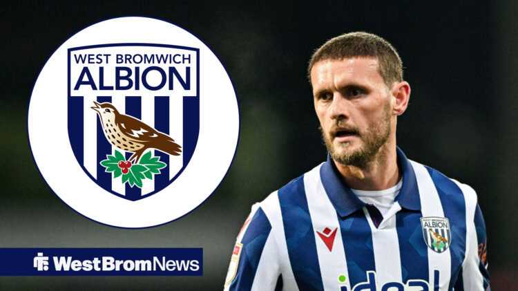 John Swift looking serious in West Brom kit and West Brom badge in circular inset