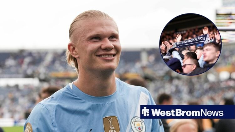 Erling Haaland smiles, West Brom fans in a circle.