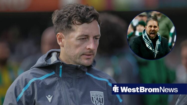 Ryan Mason in West Brom training gear, with Marti Cifuentes alongside him in a circular frame