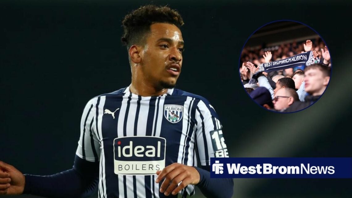 Matheus Pereira in the 2020/21 West Brom kit, looking to the right. In a circle is a picture of West Brom fans.