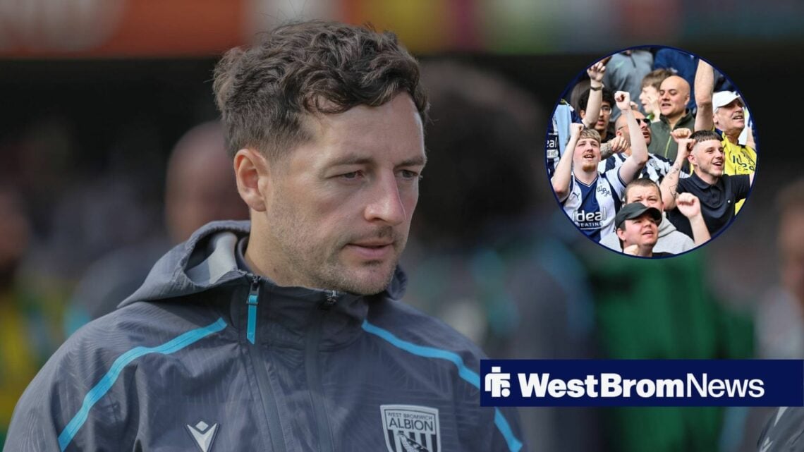 Ryan Mason looking to the right, with an overlay of West Brom fans celebrating