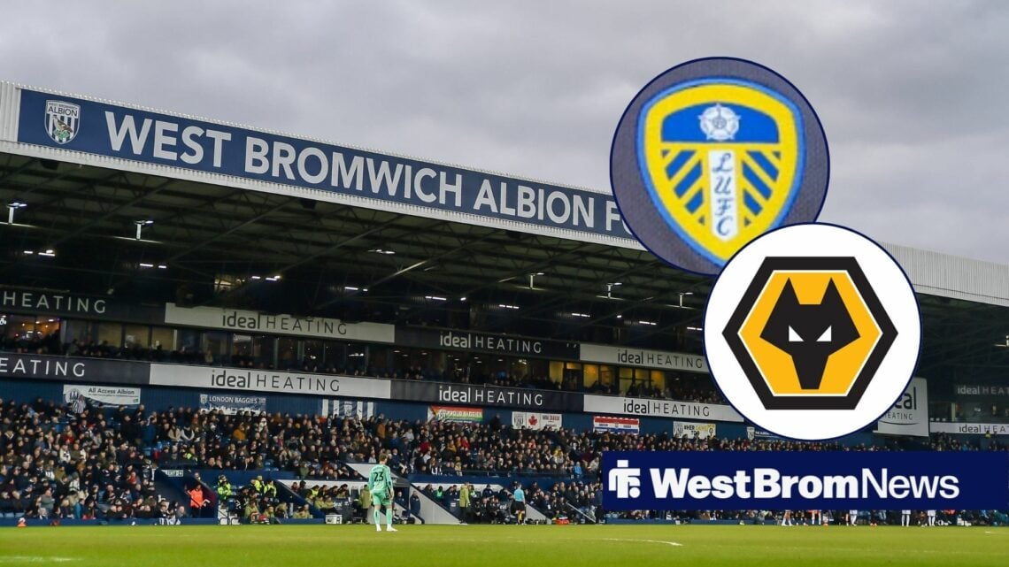 The Hawthorns with Wolves and Leeds badges on the right hand side