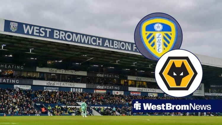 The Hawthorns with Wolves and Leeds badges on the right hand side
