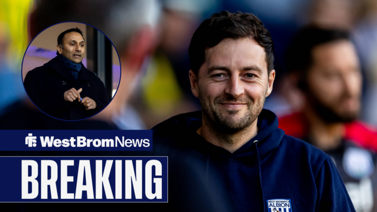 West Brom manager Ryan Mason smiles. To the left of him is a small picture of West Brom chairman Shilen Patel.