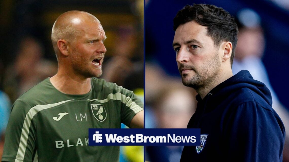 Norwich City boss Liam Manning in a side-by-side image with West Brom manager Ryan Mason