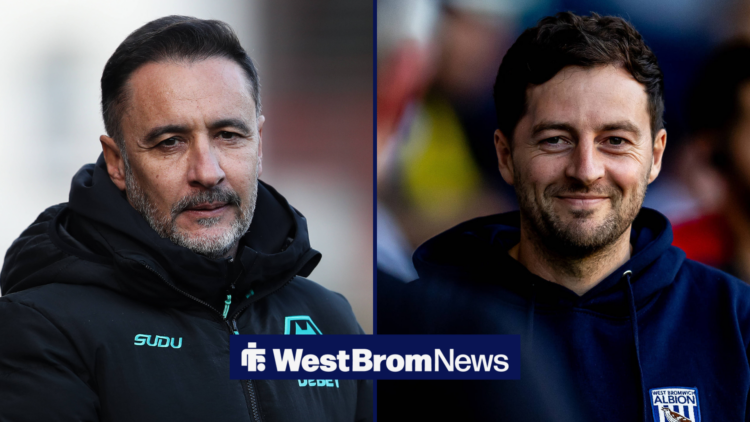 Wolves manager Vitor Pereira looks sad on the left while West Brom boss Ryan Mason smiles on the right.