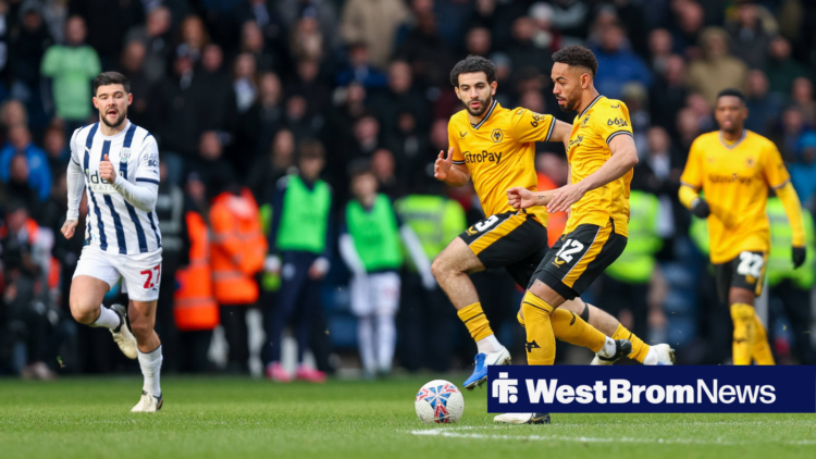 West Brom midfielder Alex Mowatt in action against Wolves, as Matheus Cunha carries the ball.