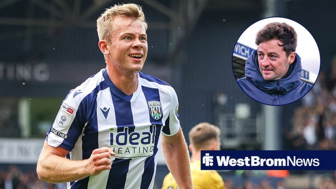 Aune Heggebo celebrates a goal for West Brom, as manager Ryan Mason watches on in a circular inset.