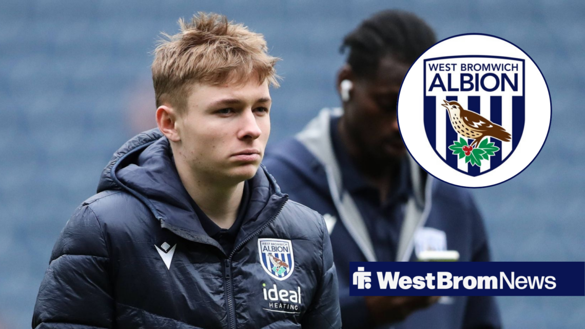 West Brom academy star Ollie Bostock looking focused at West Brom badge in circular inset