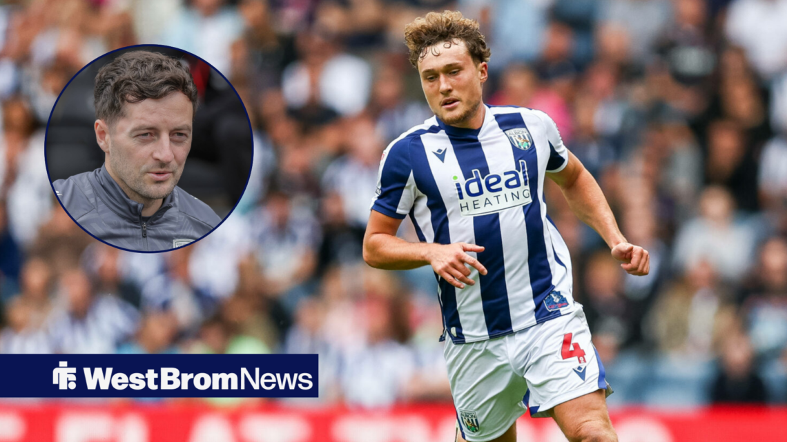 Callum Styles in action for West Brom, as manager Ryan Mason smiles across from a circular inset.